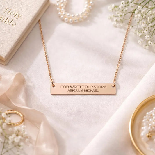 God Wrote Our Story Necklace, Personalized Couple Necklace, Engraved Horizontal Bar Necklace, Christian Wedding Gift, Custom Name Jewelry